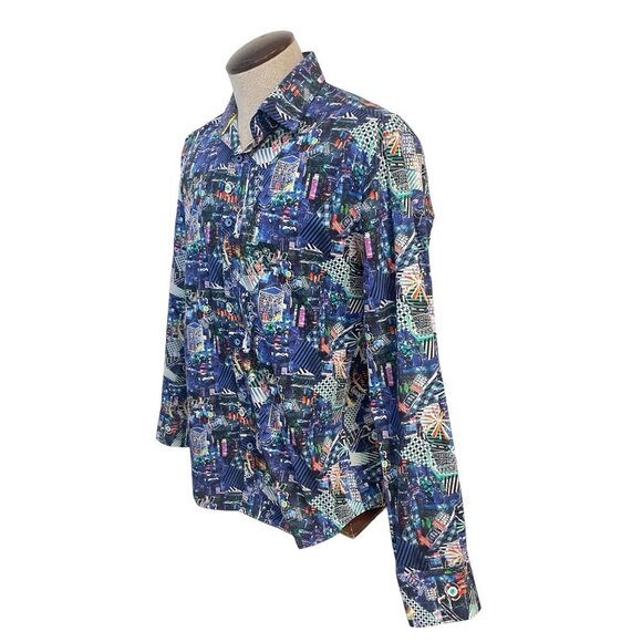 Bugatchi Uomo Shaped Fit Artistic Urban Collage Flip Cuffs Shirt Small - Picture 2 of 5